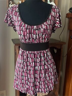 AB Studio y2k babydoll Pink Black Geometric Short Sleeve Blouse